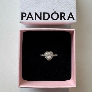 Pandora Silver Heart Halo Ring with Clear Stones in Pink Box